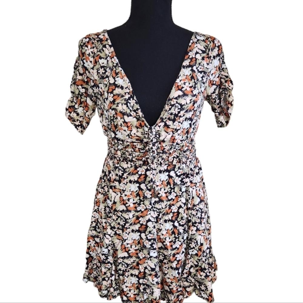 FREE PEOPLE floral ruched waist fit & flare dress green burnt orange white sz 6